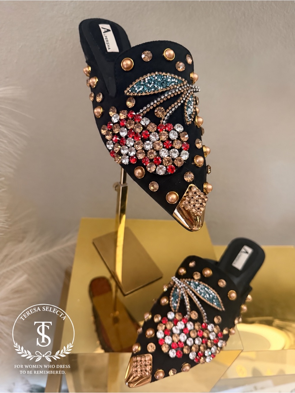 Alfersha Black Rhinestone Embellished Pointed Toe Mules Flats Size 39 Like New